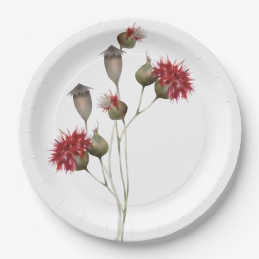 赤いカラフルアザミのワイルドフラワーの水彩フローラ ペーパープレート (正面)