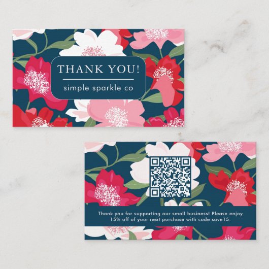 赤いカラフルフローラビジネスありがとうQrコード 名刺 (正面/裏面)