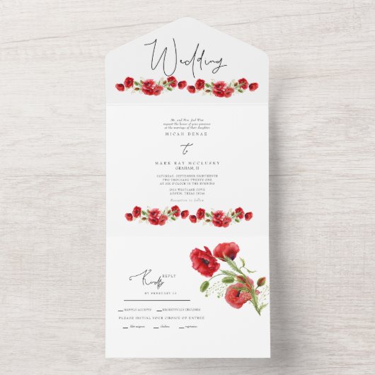 赤いカラフルフローラ冬の結婚式すべて1つの請求書 オールインワン招待状 (内側)