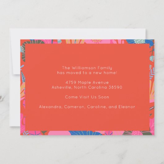 赤いカラフルフローラ我々は新しい家を移動 案内状 (裏面)