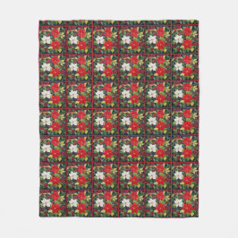 赤いカラフルホワイトポインセチアのキルトパターン フリースブランケット
