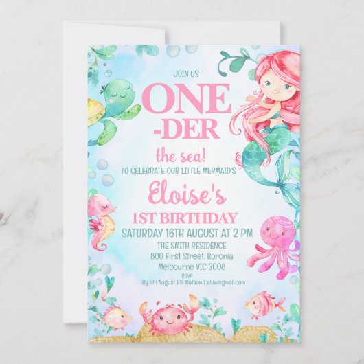 赤いカラフル人魚のワンダーザ海の最初の誕生日 招待状 (正面)