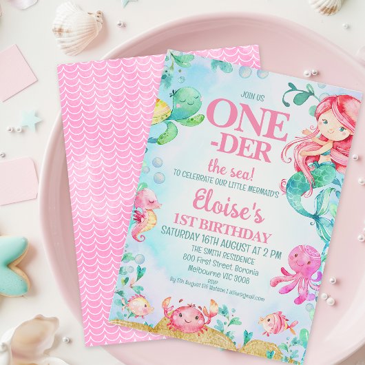 赤いカラフル人魚のワンダーザ海の最初の誕生日 招待状