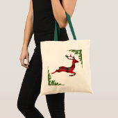 赤いカラフル格子縞トナカイのクリスマス トートバッグ (正面(商品))