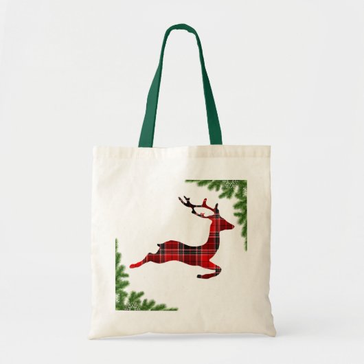 赤いカラフル格子縞トナカイのクリスマス トートバッグ (正面)