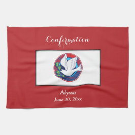 赤いカラフル背景の確認鳩 キッチンタオル