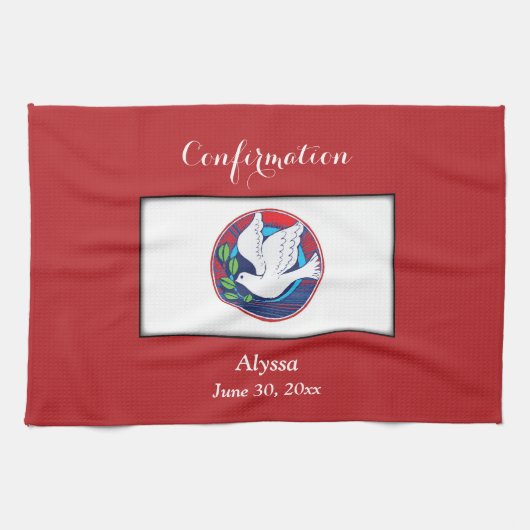 赤いカラフル背景の確認鳩 キッチンタオル (横)