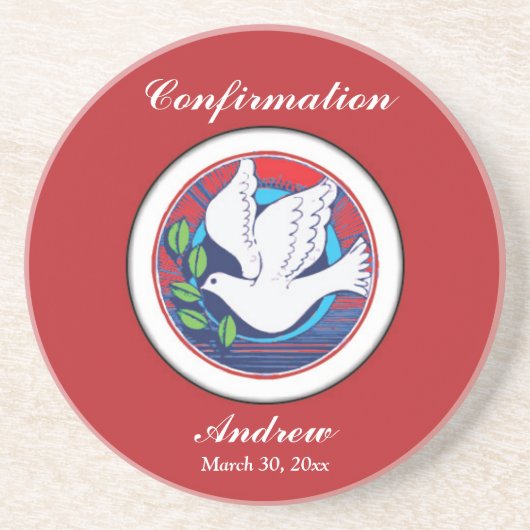 赤いカラフル背景の確認鳩 コースター (正面)