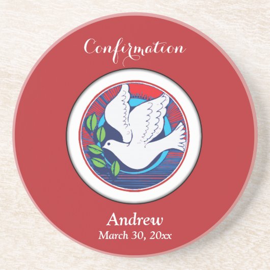 赤いカラフル背景の確認鳩 コースター (正面)