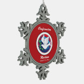 赤いカラフル背景の確認鳩 スノーフレークピューターオーナメント (左)