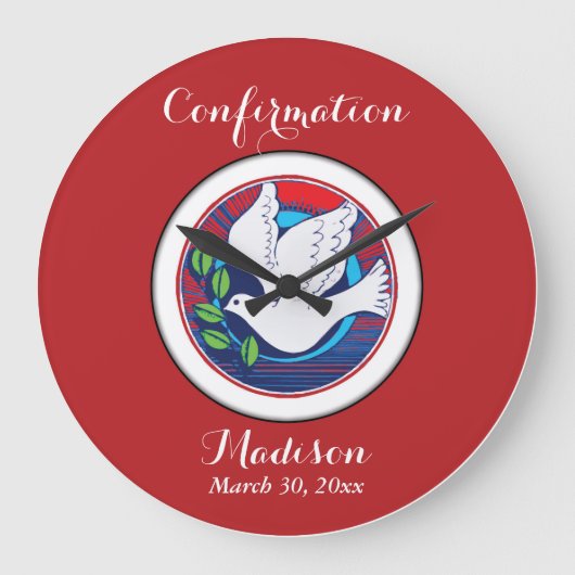 赤いカラフル背景の確認鳩 ラージ壁時計 (正面)