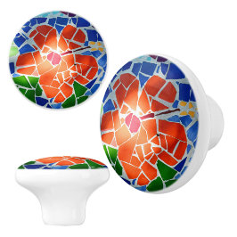 赤いカラフル花モザイクフローラ セラミックノブ