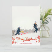 赤いカリグラフィーの写真の雪の結晶 クリスマス 招待状 (スタンド正面)