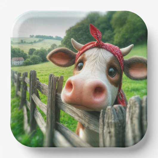 赤いカーチーフをかぶったハイファー牛 ペーパープレート (正面)