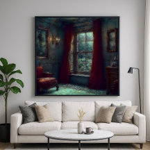 赤いカーテン - 印象派の室内アート