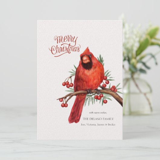 赤いカーディナルがベリーの枝に止まっているホリデーカード シーズンカード (スタンド正面)