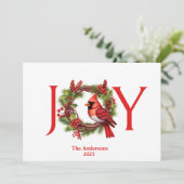 赤いカーディナルが付いた喜びの水彩画の花輪 | 1 枚の写真 シーズンカード (スタンド正面)