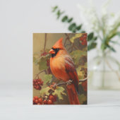 赤いカーディナルと野生の森の実 ポストカード (スタンド正面)