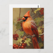 赤いカーディナルと野生の森の実 ポストカード (正面/裏面)