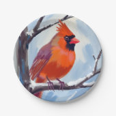赤いカーディナルの冬の水彩画 ペーパープレート (正面)