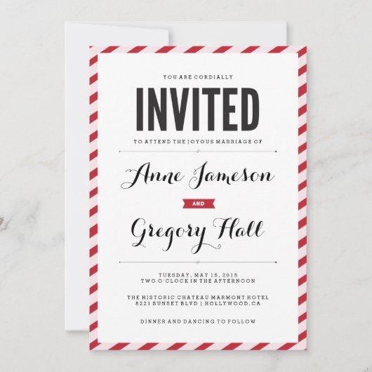 赤いカーニバルのストライプでモダンな結婚式招待状 招待状 (正面)