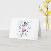 赤いガウンの天使が平和なハトでハートを持って来る カード (黄色い花)