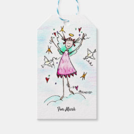 赤いガウンの天使が平和なハトでハートを持って来る ギフトタグ