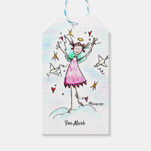 赤いガウンの天使が平和なハトでハートを持って来る ギフトタグ (正面)