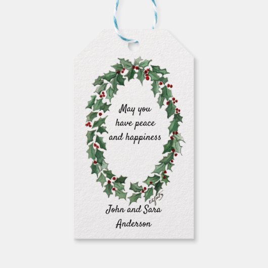 赤いガウンの天使が平和なハトでハートを持って来る ギフトタグ (裏面)