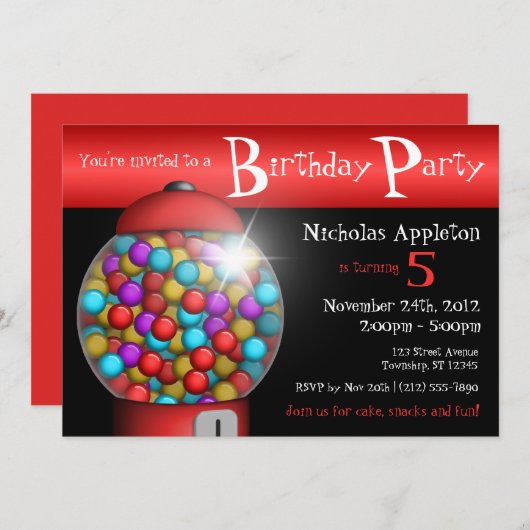 赤いガンボール機のバースデーパーティ招待状 招待状 (正面/裏面)