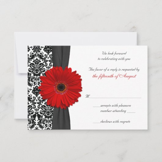 赤いガーベラのダリア ブラック ダマスク 結婚式 返信カード (正面)