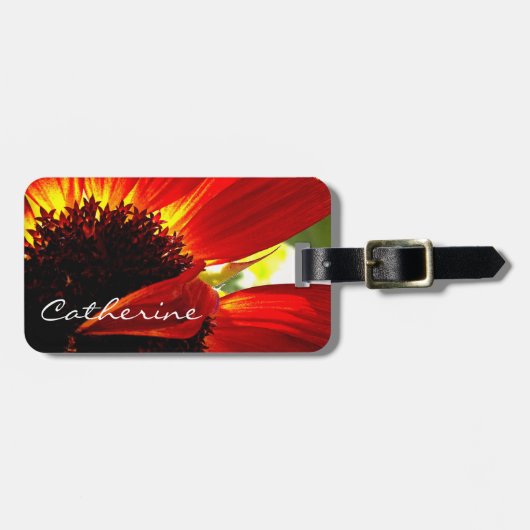 赤いガーベラデイジーフォト名前をカスタムするスクリプトモダン ラゲッジタグ (正面横)
