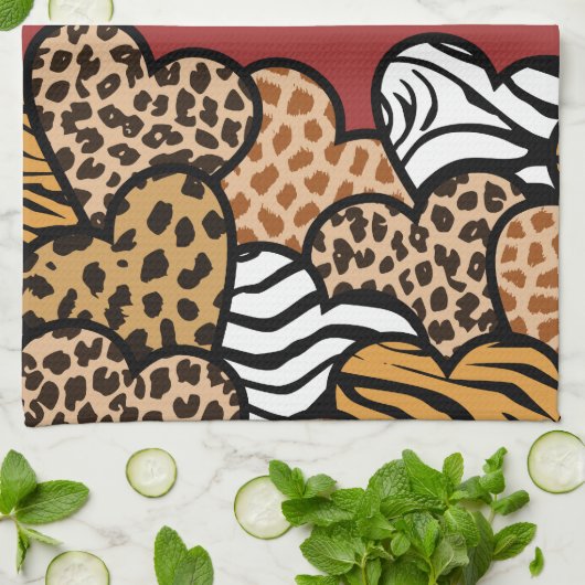 赤いガーリーアニマルプリントよくはしゃぐハート名 キッチンタオル (折り畳み)