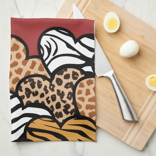 赤いガーリーアニマルプリントよくはしゃぐハート名 キッチンタオル (四つ折り)