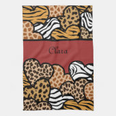 赤いガーリーアニマルプリントよくはしゃぐハート名 キッチンタオル (縦)