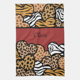 赤いガーリーアニマルプリントよくはしゃぐハート名 キッチンタオル