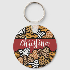赤いガーリーアニマルプリントよくはしゃぐハート名 キーホルダー