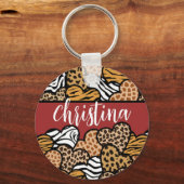 赤いガーリーアニマルプリントよくはしゃぐハート名 キーホルダー (裏面)