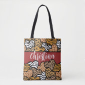 赤いガーリーアニマルプリントよくはしゃぐハート名 トートバッグ (正面)