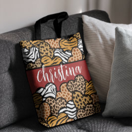 赤いガーリーアニマルプリントよくはしゃぐハート名 トートバッグ