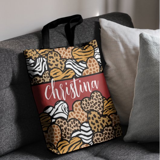 赤いガーリーアニマルプリントよくはしゃぐハート名 トートバッグ