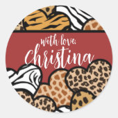 赤いガーリーアニマルプリントよくはしゃぐハート名 ラウンドシール (正面)