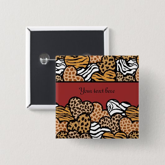 赤いガーリーアニマルプリントよくはしゃぐハート名 缶バッジ (正面&裏面)