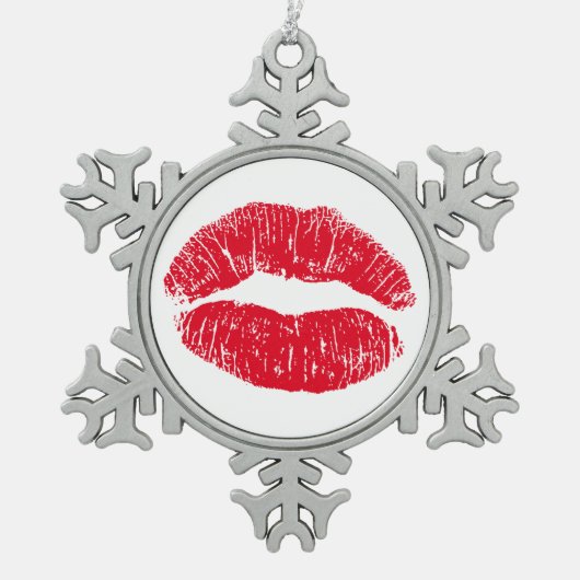 赤いキスをする唇 スノーフレークピューターオーナメント (正面)