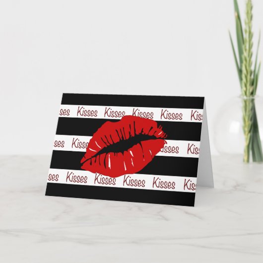 赤いキス口紅と白黒ストライプのグリーティングカード カード (正面)