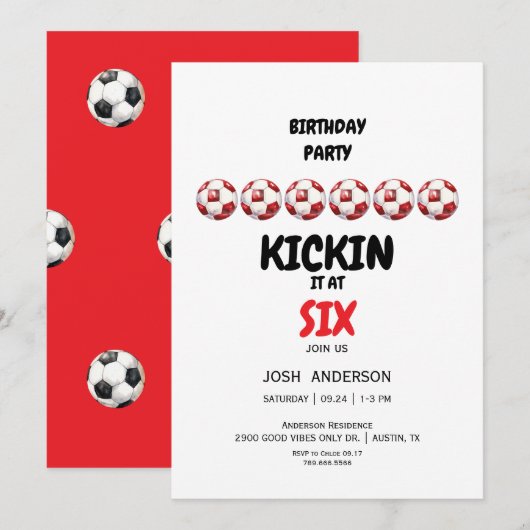 赤いキッキンイット サッカー 6歳の誕生日パーティー 招待状 (正面/裏面)