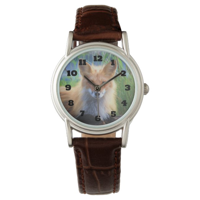 赤いキツネが野生生物の画像に描き込む 腕時計 (正面)