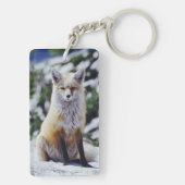 赤いキツネが雪の土手に座っている、Vulpes、山 キーホルダー (裏面)