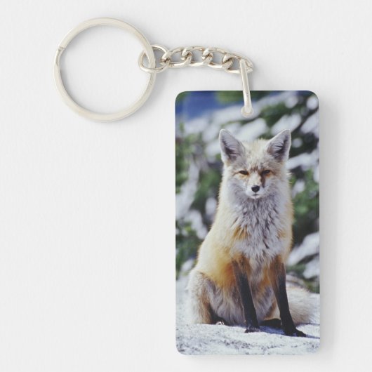 赤いキツネが雪の土手に座っている、Vulpes、山 キーホルダー (正面)