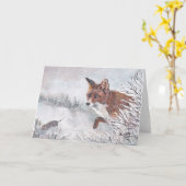 赤いキツネが雪の野生動物アートグリーティングカード カード (黄色い花)